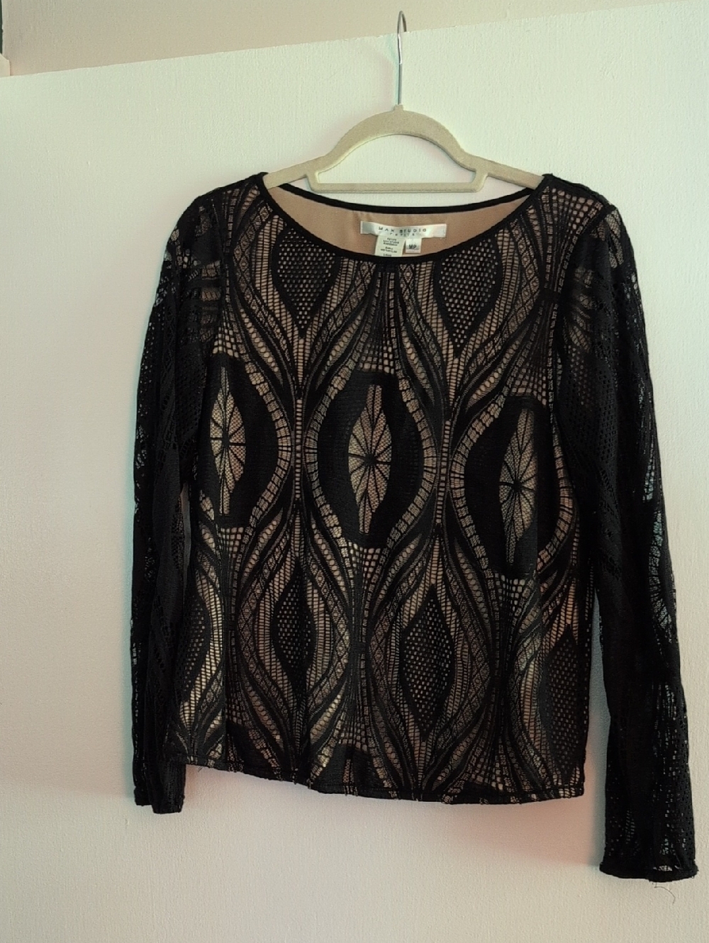 Max Studio Black Lace Long Sleeve Top with Nude Lining